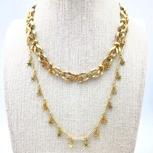 Vintage Gold Tone Layered Necklace Lot Bow Link Choker and Star Charm Bar Chain